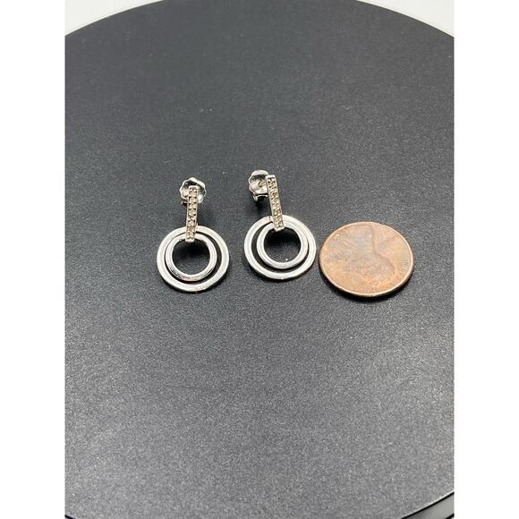 Designer Sterling Silver Pave White Sapphire Double Hoop Pierced Earrings - Picture 6 of 8